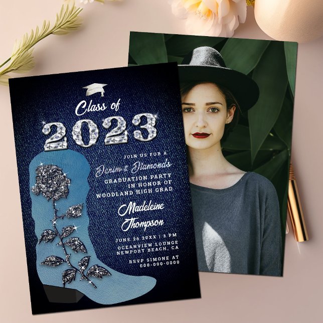 Denim Diamonds Cowgirl Boot Photo Graduation Party Invitation (Creator Uploaded)