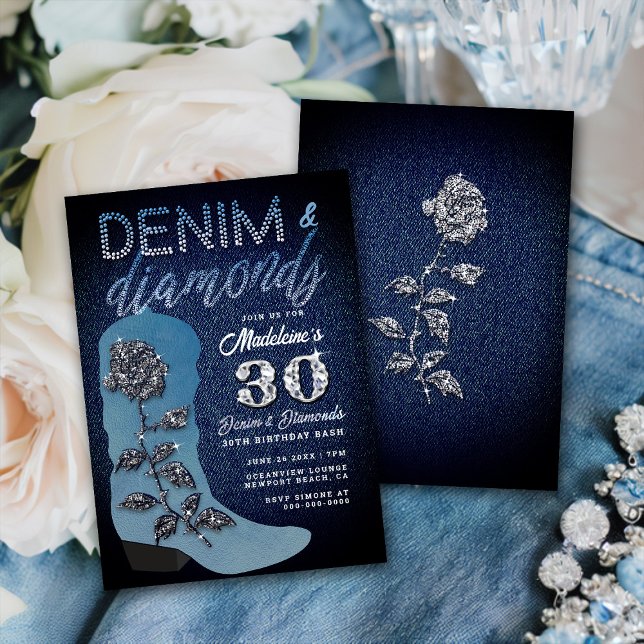 Denim Diamonds Cowgirl Boot Rose 30 Birthday Party Invitation (Creator Uploaded)