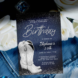 Denim Diamonds Cowgirl Boots Bling 50th Birthday Invitation