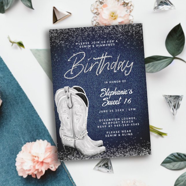 Denim Diamonds Cowgirl Boots Bling Sweet 16 Invitation (denim and diamonds sweet 16 birthday invitation girls cowgirl boots country western party elegant)