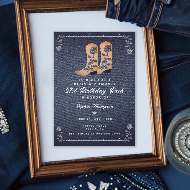 Denim Diamonds Cowgirl Boots Roses 21st Birthday Invitation (denim diamonds 21st birthday invite for girls rustic cowgirl boots roses rhinestones classy elegant)