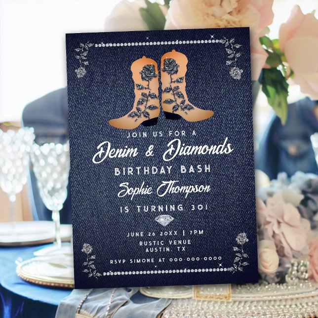Denim Diamonds Cowgirl Boots Roses Birthday Party Invitation (Creator Uploaded)
