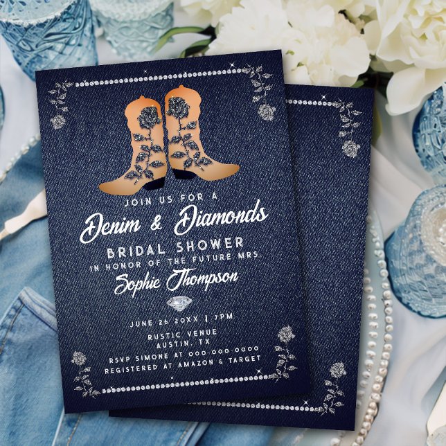Denim Diamonds Cowgirl Boots Roses Bridal Shower Invitation (Creator Uploaded)