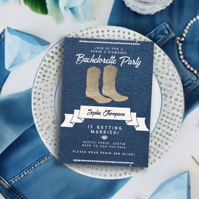 Denim Diamonds Cowgirl Boots Rustic Bachelorette Invitation (denim diamonds bachelorette party invitation white cowgirl boots country western rustic classy bling)