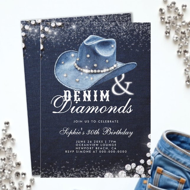 Denim Diamonds Cowgirl Hat Script 30th Birthday Invitation (denim and diamonds 30th birthday party invitation blue white cowgirl hat script bling sparkles)