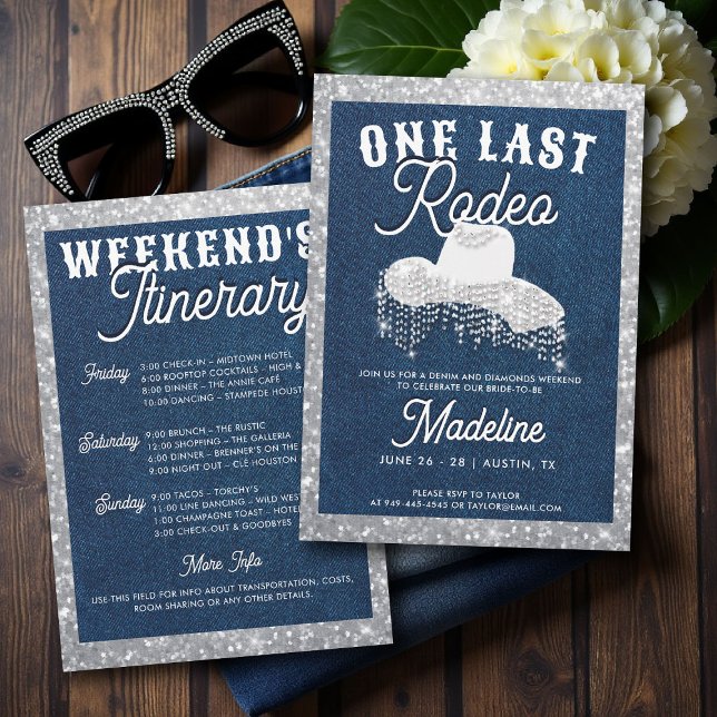 Denim Diamonds Cowgirl Last Rodeo Bachelorette Invitation (denim and diamonds bachelorette party invite last rodeo glam bling frame lets go girls classy)