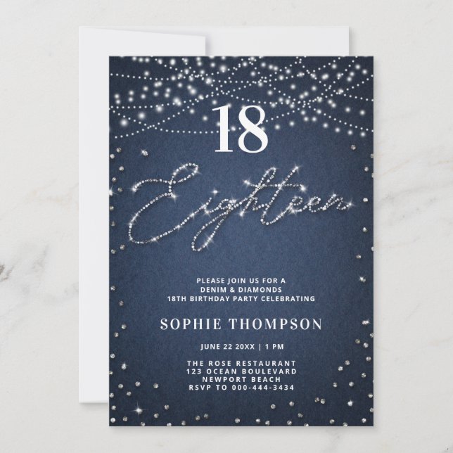 Denim Diamonds Elegant Glitter Blue 18th Birthday Invitation (Front)