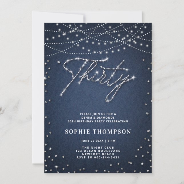 Denim Diamonds Elegant Glitter Blue 30th Birthday Invitation (Front)