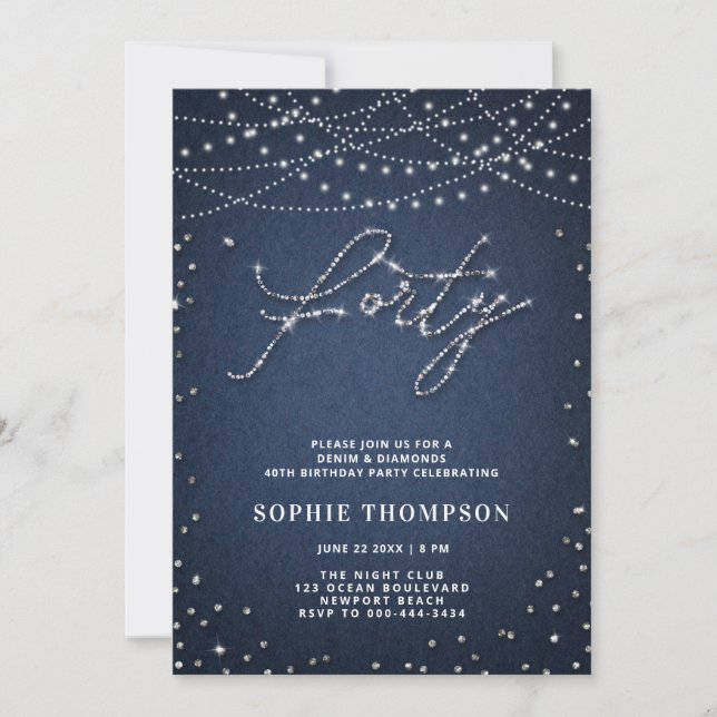 Denim Diamonds Elegant Glitter Blue 40th Birthday Invitation (Front)