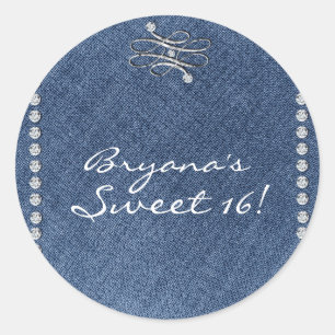 Denim & Diamonds Emblem Birthday Party Favour Classic Round Sticker