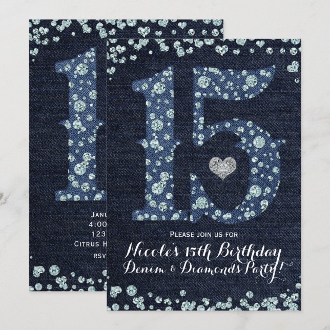Denim & Diamonds Fifteen 15 15th Birthday Party Invitation (Front/Back)