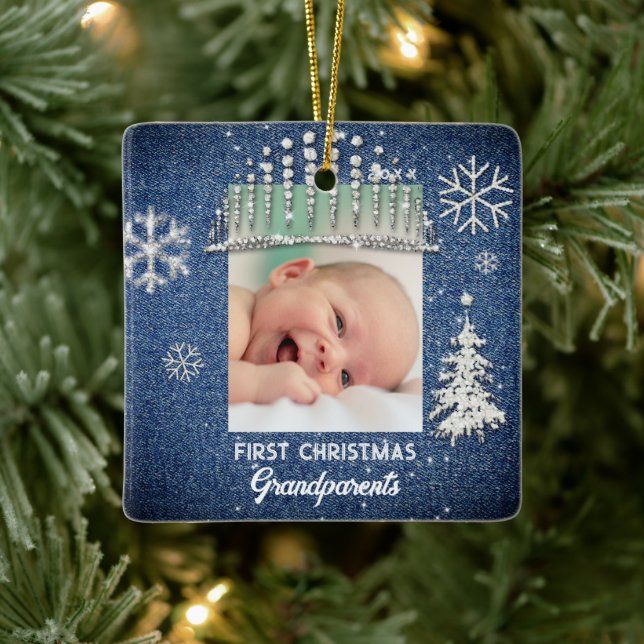 Denim Diamonds First Christmas Tiara Grandparents Ceramic Ornament (Tree)