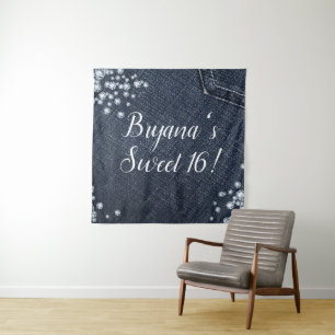 Denim & Diamonds Glam Birthday Party Backdrop Tapestry
