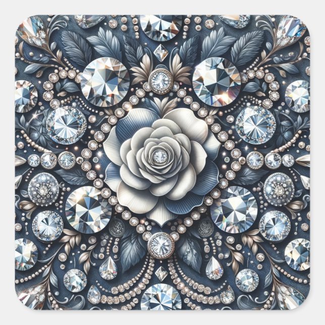 Denim & Diamonds Glam Bling Rose Birthday Party Square Sticker (Front)