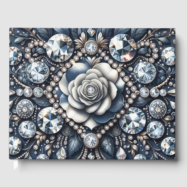 Denim & Diamonds Glam Bling Rose Jewels Guest Book (Front)