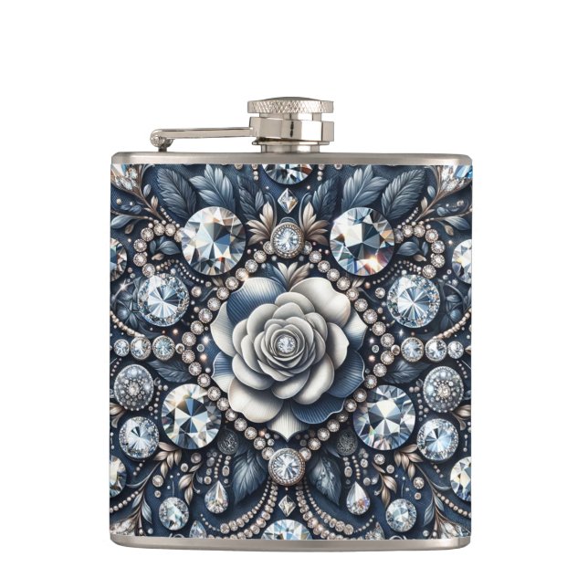 Denim & Diamonds Glam Bling Rose Jewels Hip Flask (Front)