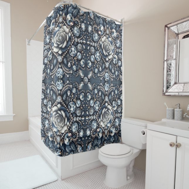 Denim & Diamonds Glam Bling Rose Jewels Shower Curtain (In Situ)