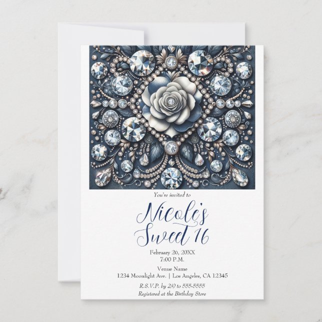 Denim & Diamonds Glam Bling Rose Sweet 16 Birthday Invitation (Front)