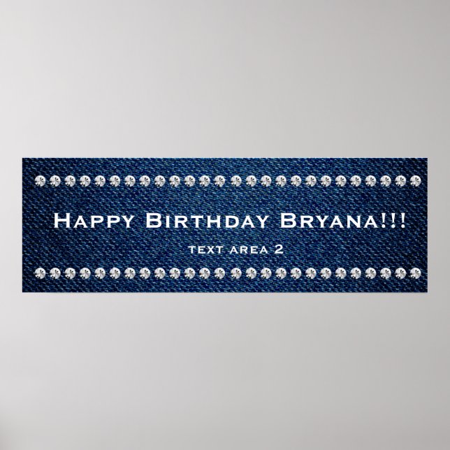 Denim & Diamonds Glam Custom Birthday Party Banner Poster (Front)