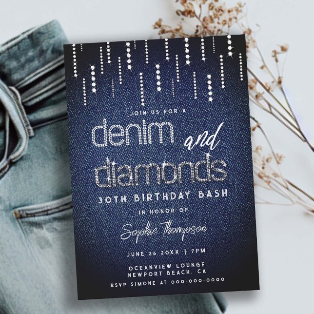 Denim Diamonds Glam Drip Classy Chic 30th Birthday Invitation (denim and diamonds 30th birthday invitation for women glitter drips elegant classy modern glam chic)