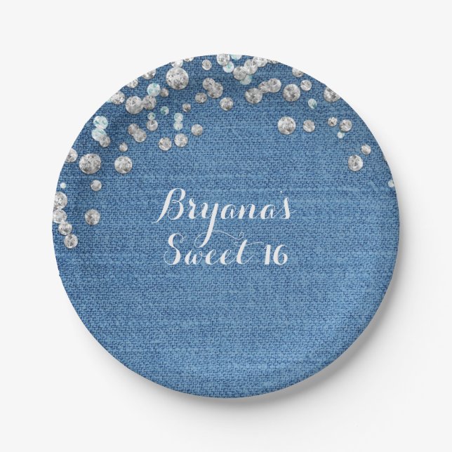 Denim & Diamonds Glam Scattered Bling Custom Party Paper Plate (Front)