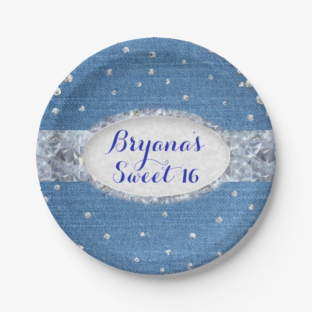 Denim & Diamonds Glam Scattered Bling Custom Party Paper Plate (Front)