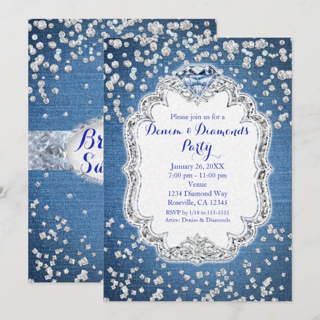 Denim & Diamonds Glam Scattered Bling Invitations (Front/Back)