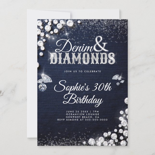Denim Diamonds Glam Script Elegant 30th Birthday Invitation (Front)