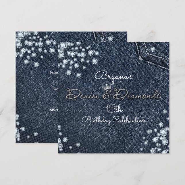 Denim & Diamonds Glam Tiara Crown Party Invitation (Front/Back)