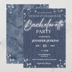 Denim Diamonds Glitter Bling Elegant Bachelorette  Invitation