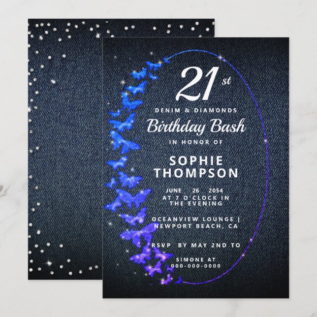 Denim Diamonds Glitter Butterflies Birthday Party Invitation (Front/Back)