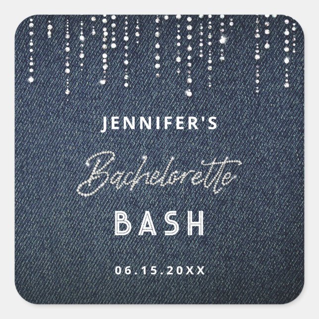 Denim Diamonds Glitter Dripping Bachelorette Party Square Sticker (Front)