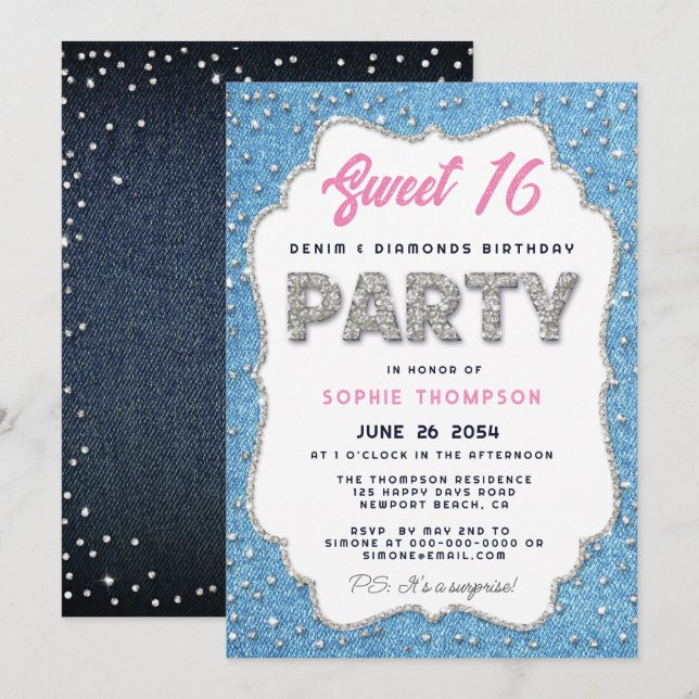 Denim Diamonds Glitter Frame Sweet 16 Party Pink Invitation (Front/Back)