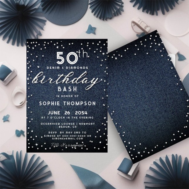 Denim Diamonds Glitter Modern 50th Birthday Party Invitation (Creator Uploaded)