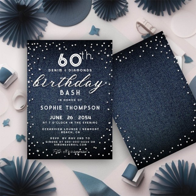 Denim Diamonds Glitter Modern 60th Birthday Party Invitation (Creator Uploaded)