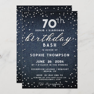Denim Diamonds Glitter Modern 70th Birthday Party Invitation