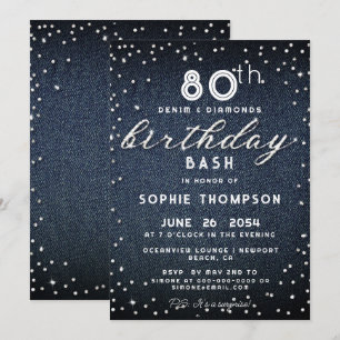 Denim Diamonds Glitter Modern 80th Birthday Party Invitation