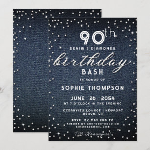 Denim Diamonds Glitter Modern 90th Birthday Party Invitation
