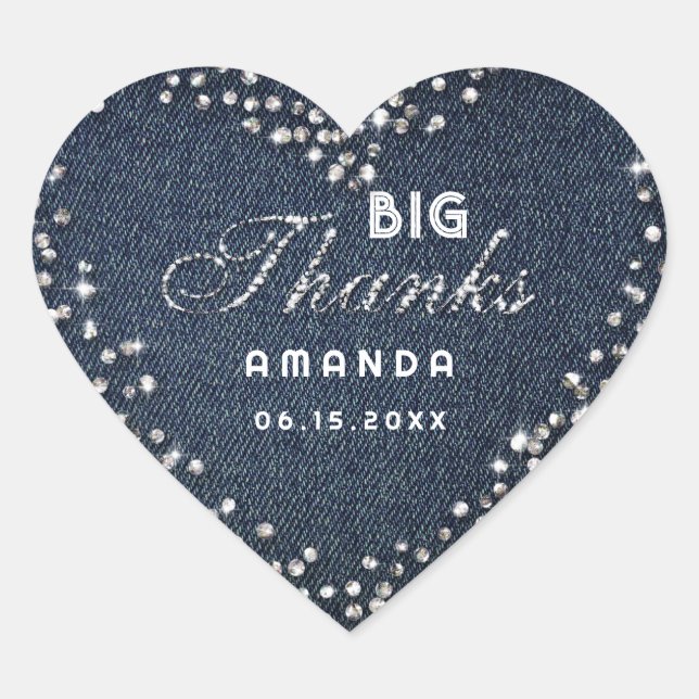 Denim Diamonds Glitter Rhinestone Big Thanks Name Heart Sticker (Front)