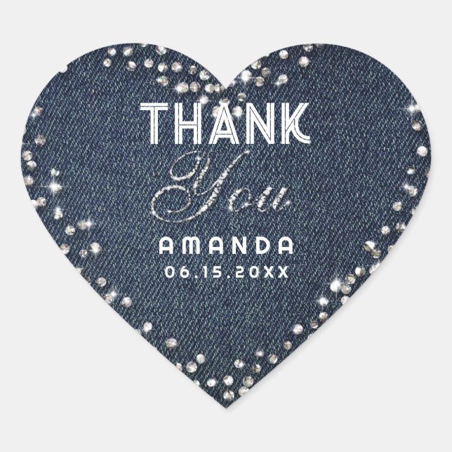 Denim Diamonds Glitter Rhinestone Thank You Name Heart Sticker (Front)