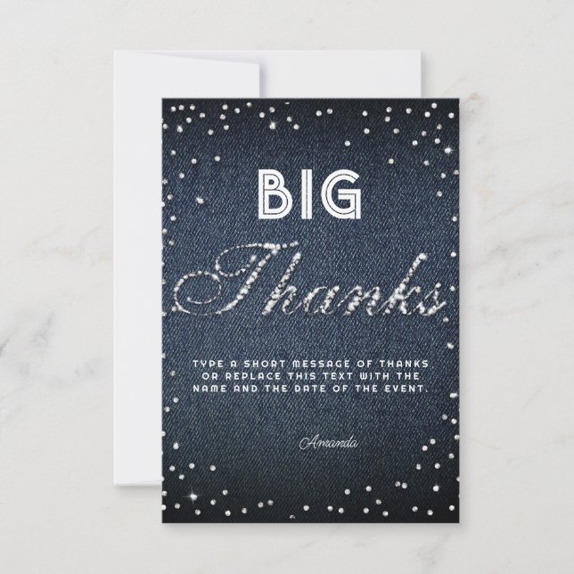 Denim Diamonds Glitter Rhinestones Chic Big Thanks Thank You Card (Front)