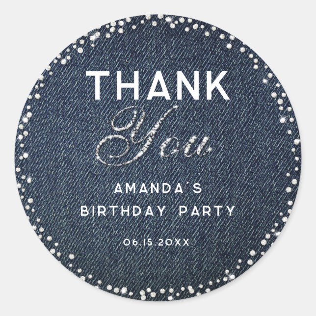 Denim Diamonds Glitter Rhinestones Chic Thank You Classic Round Sticker (Front)