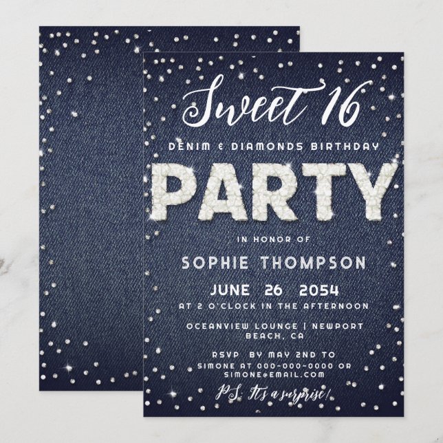 Denim Diamonds Glitter Sweet 16 Birthday Party Invitation (Front/Back)