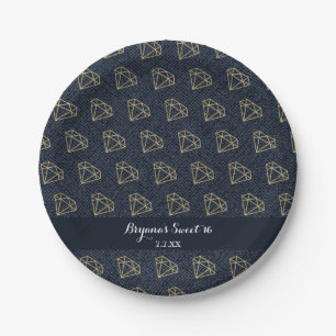 Denim & Diamonds Gold & Blue Bling Glam Party Paper Plate