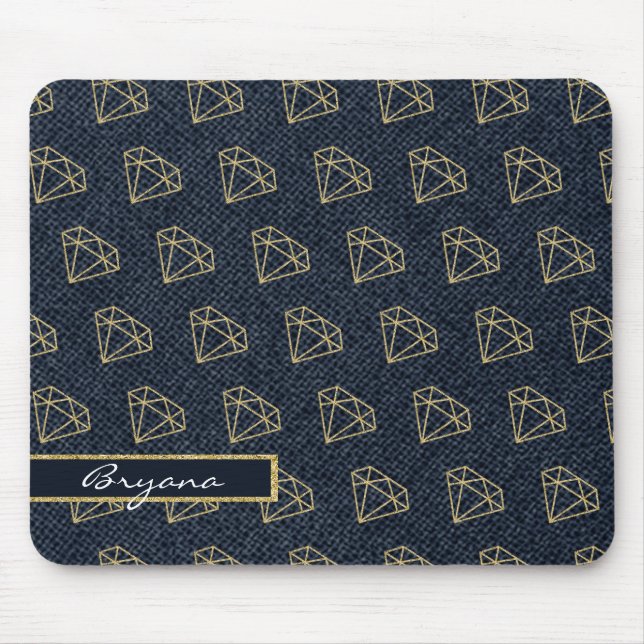 Denim & Diamonds Gold & Blue Glam Computer Mouse Mat (Front)