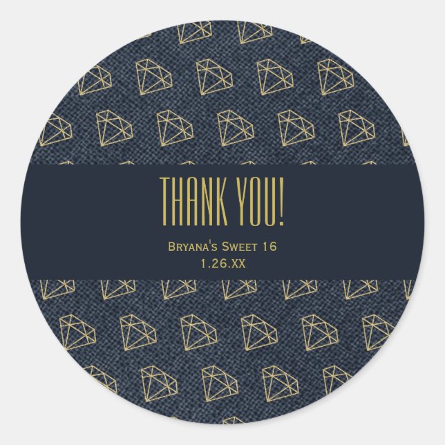 Denim & Diamonds Gold & Blue Glam Party Favour Classic Round Sticker (Front)