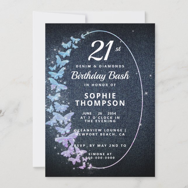 Denim Diamonds Holo Butterfly Frame Birthday Party Invitation (Front)