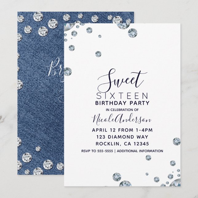 Denim & Diamonds Jean Birthday Sweet 16 Party Invitation (Front/Back)
