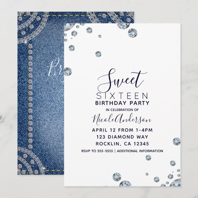 Denim & Diamonds Jean Birthday Sweet 16 Party Invitation (Front/Back)