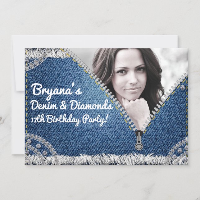 Denim & Diamonds Jean Zipper Party Photo Invitatio Invitation (Front)